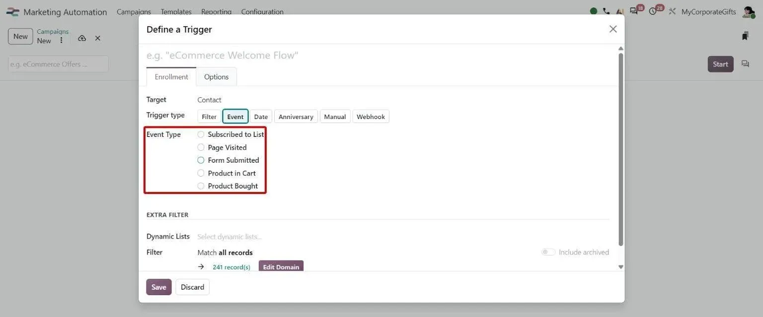 Event trigger with event types like Subscribed to List, Page Visited and Form Submitted