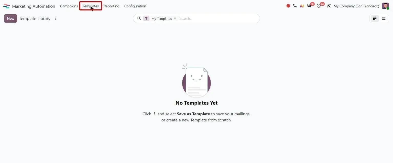 New Templates menu opening the mailing Template Library (Save as Template)