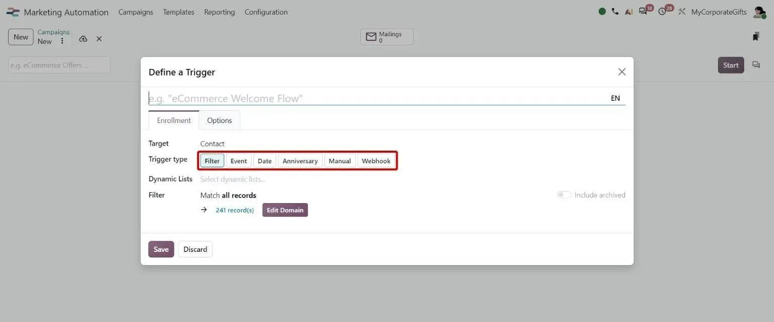 Campaign Trigger type options: Filter, Event, Date, Anniversary, Manual and Webhook