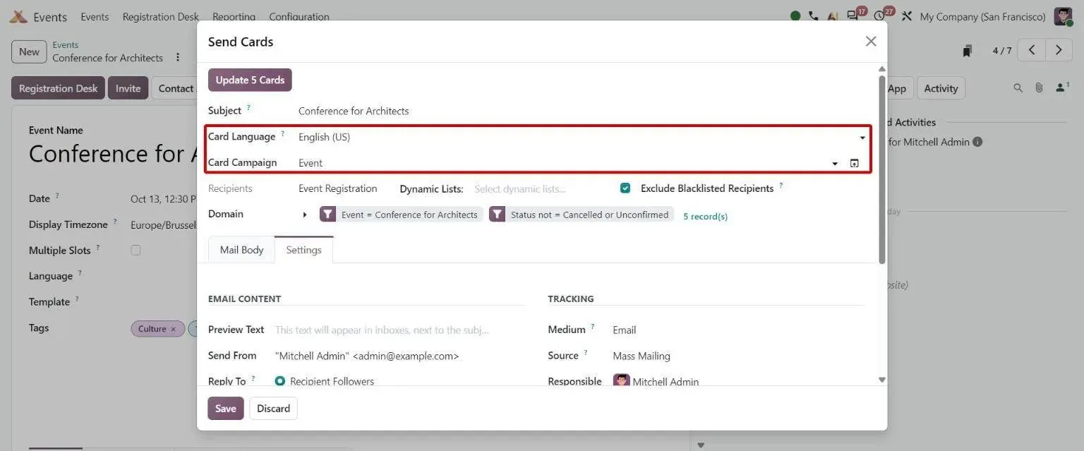 Send Cards wizard with a Card Language selector beside the Card Campaign