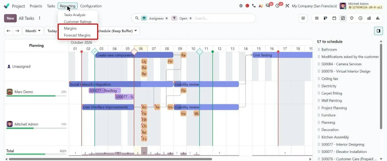 Project Reporting menu with dedicated Margins and Forecast Margins reports