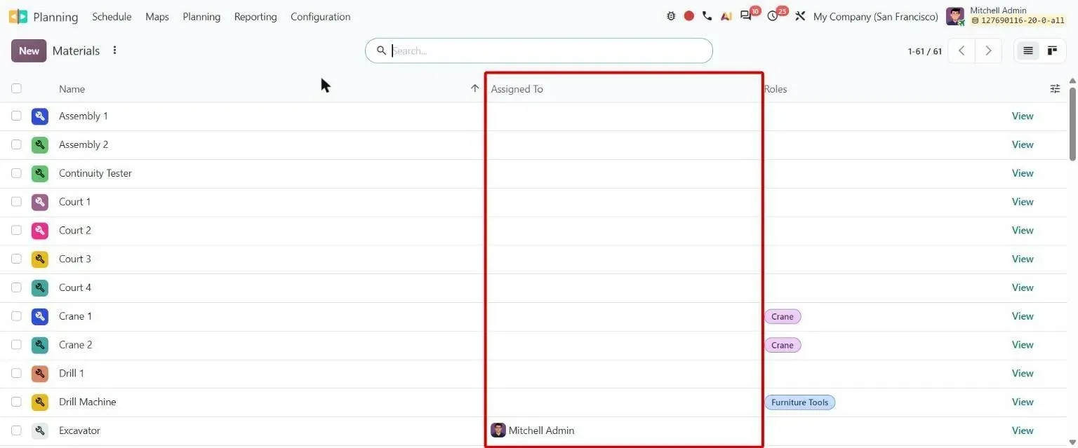 Materials list with the new Assigned To employee column