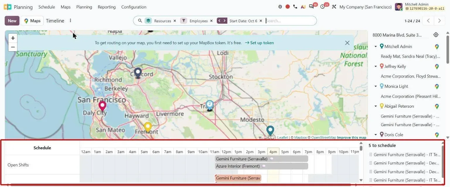 Maps Timeline view combining shift map with technicians' daily schedule timeline