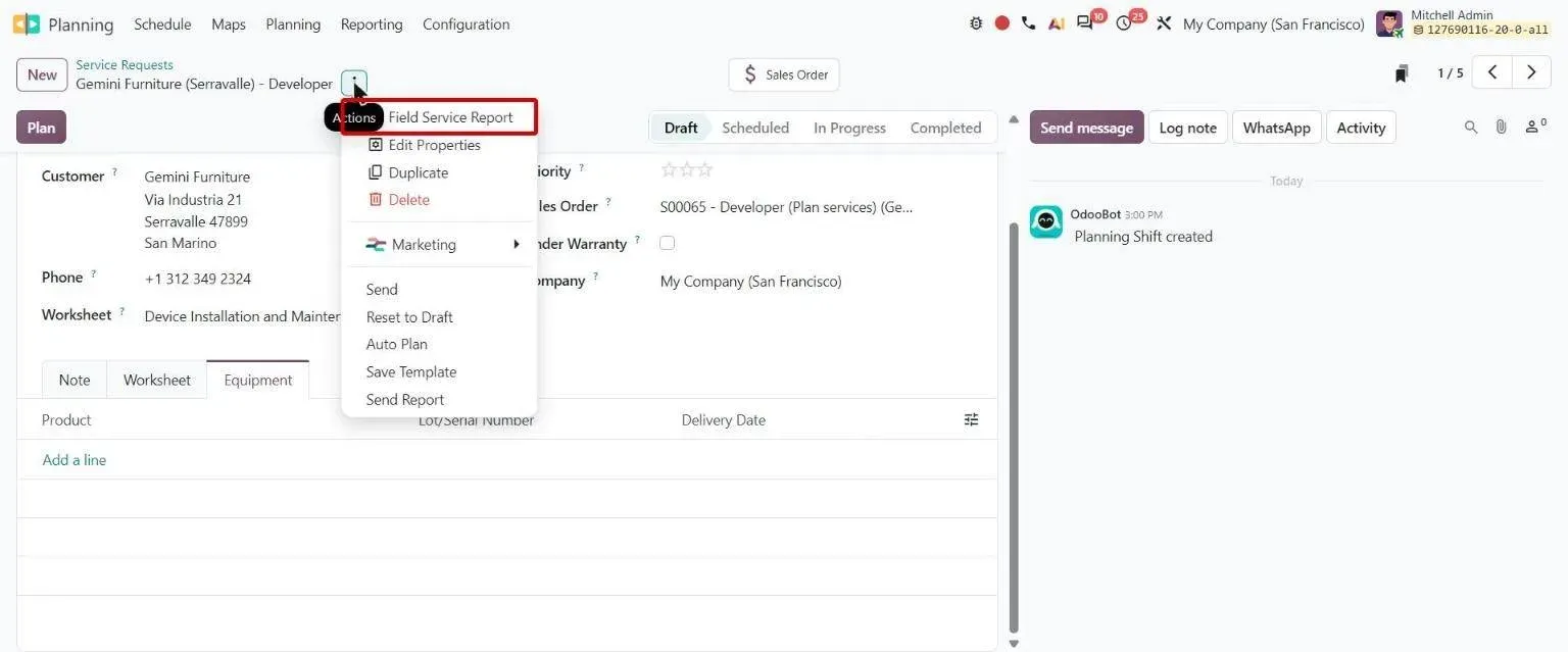 Shift action menu with the Field Service Report print option