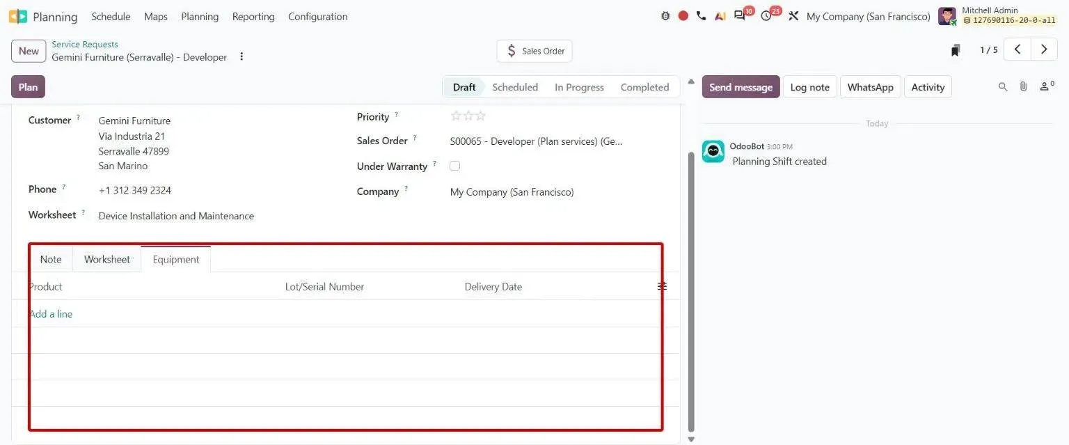 Shift form Equipment tab listing customer equipment by lot or serial number