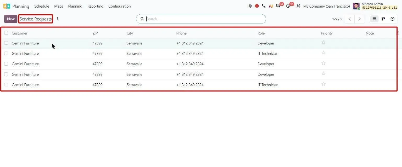 Service Requests list of unscheduled shifts submitted through the website form