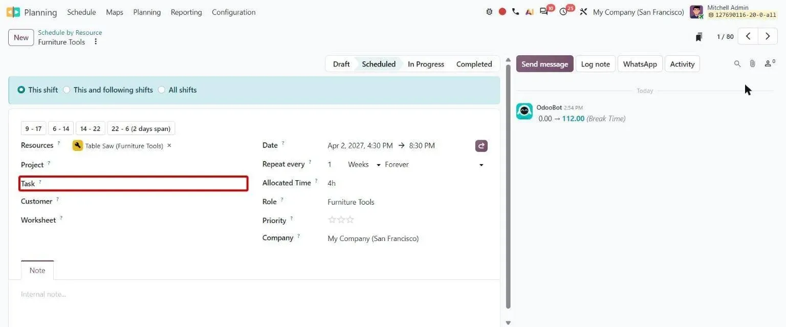 Shift form with the new Task field below Project