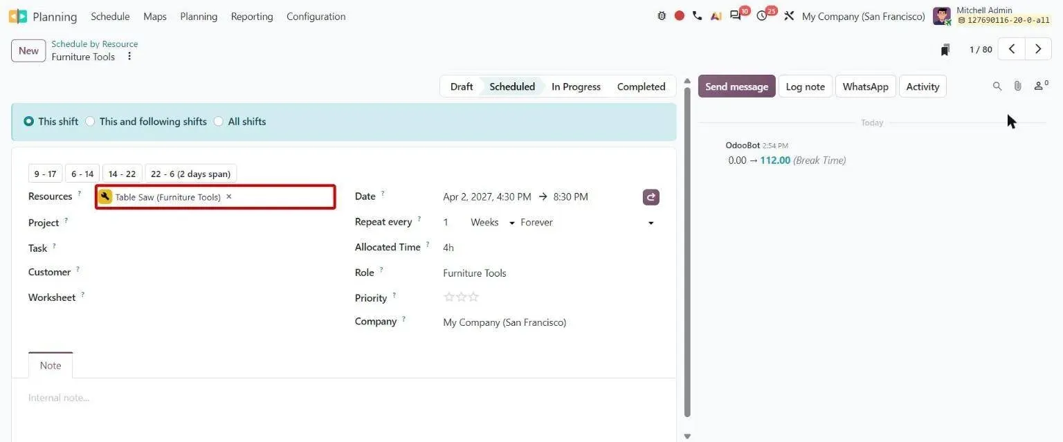 Shift form with the multi-resource Resources field for employees and materials