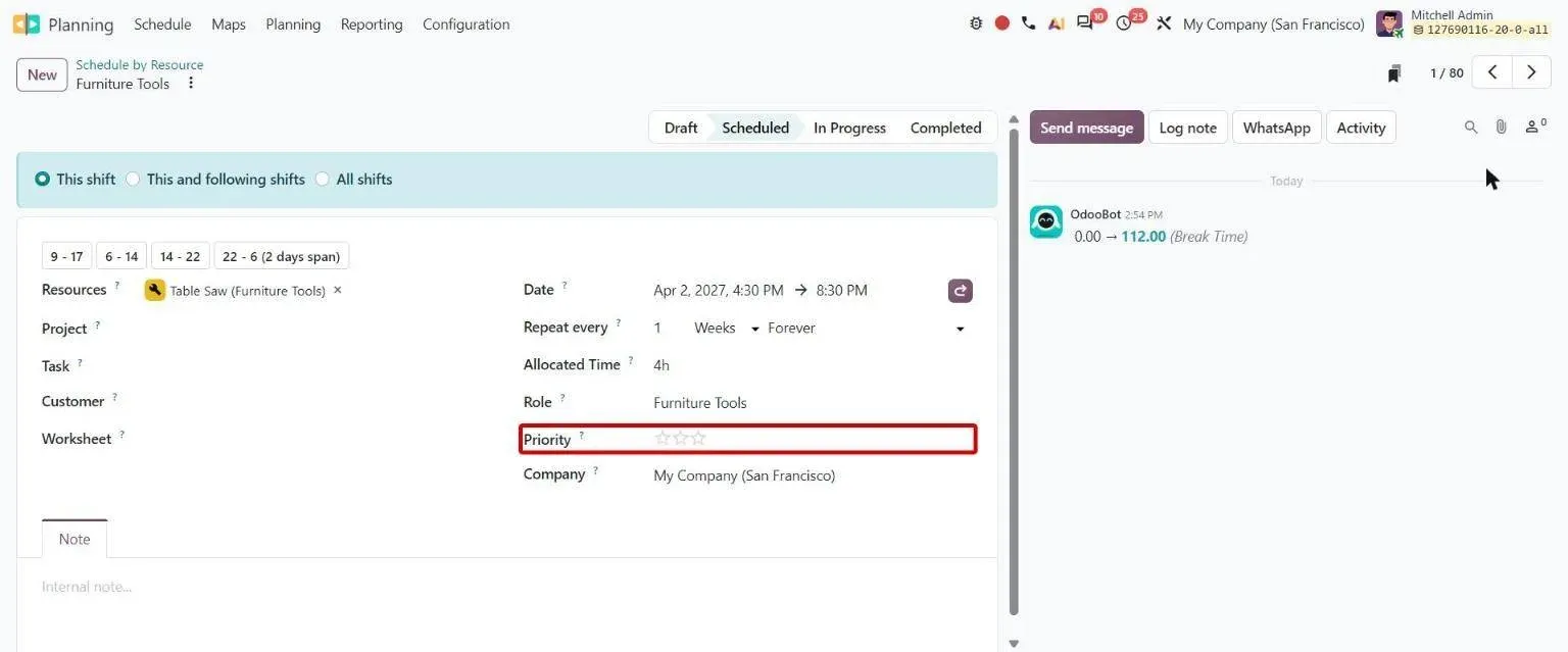 Shift form with the new star Priority field used by Auto Plan