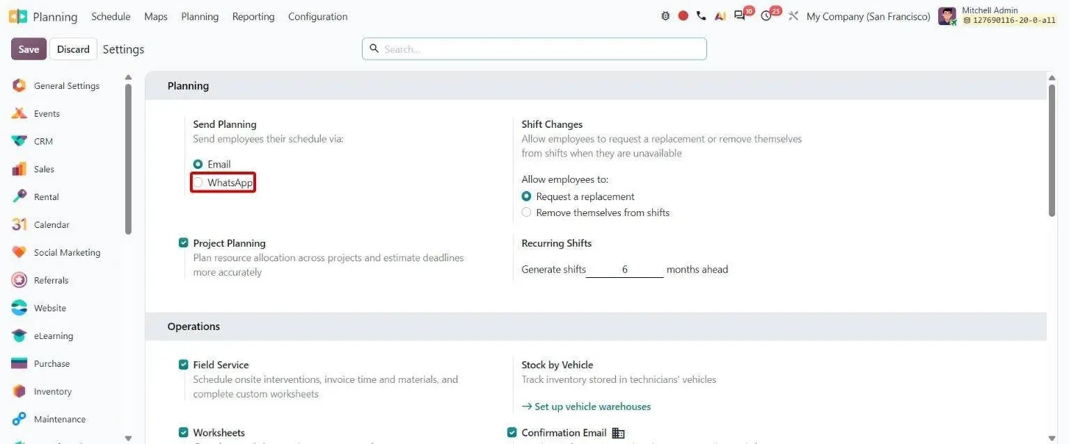 Planning settings: Send Planning option to send schedules via WhatsApp