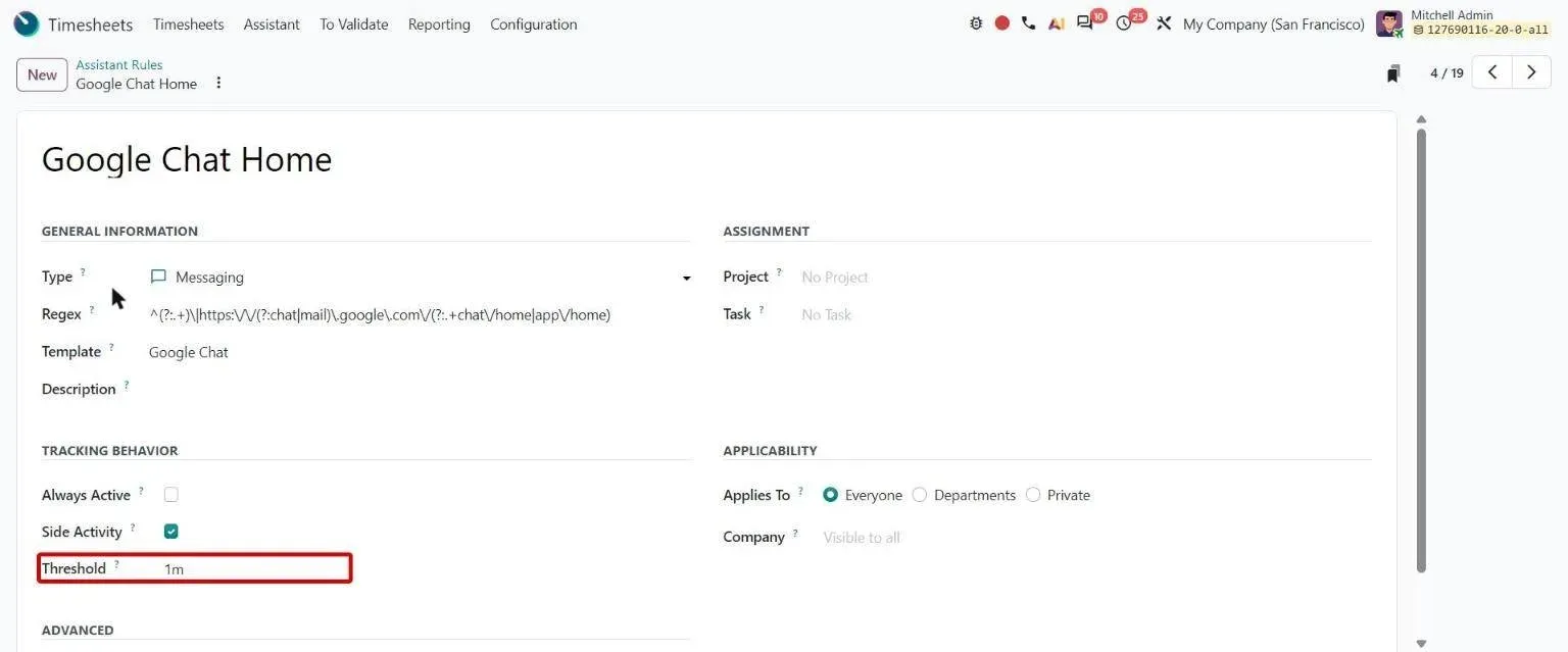 Assistant rule form with the Threshold duration under Tracking Behavior