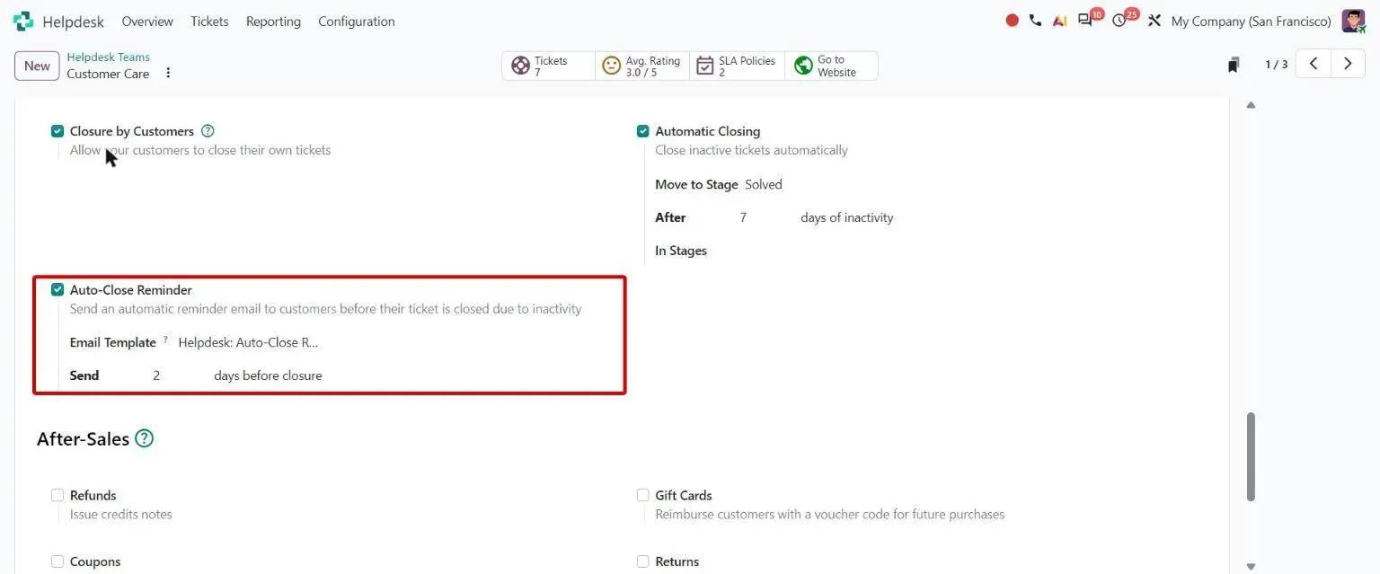 Helpdesk team settings with the Auto-Close Reminder email option