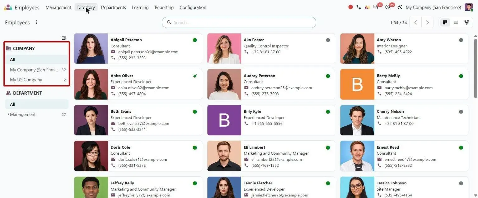 Employee Directory listing employees of all companies with a Company filter panel