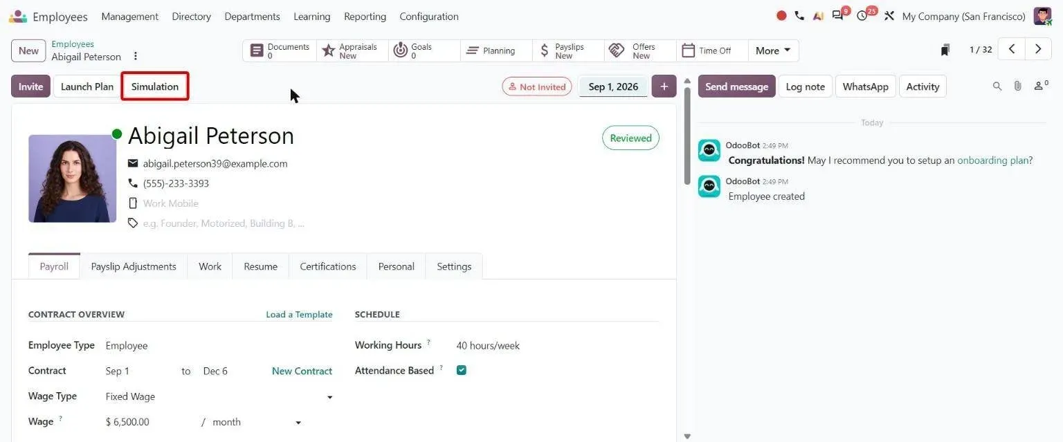 Employee form header with the new Simulation button