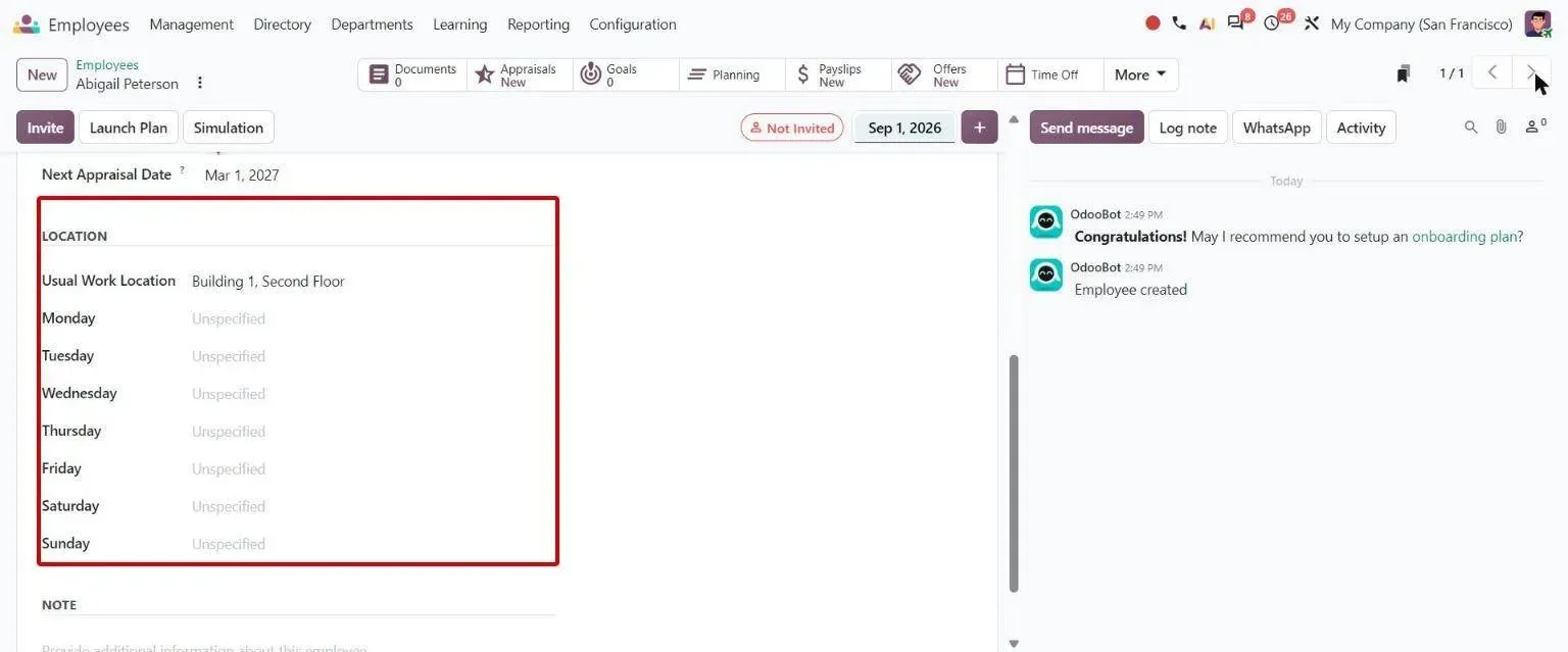 Employee Work tab with the Location group for daily work locations