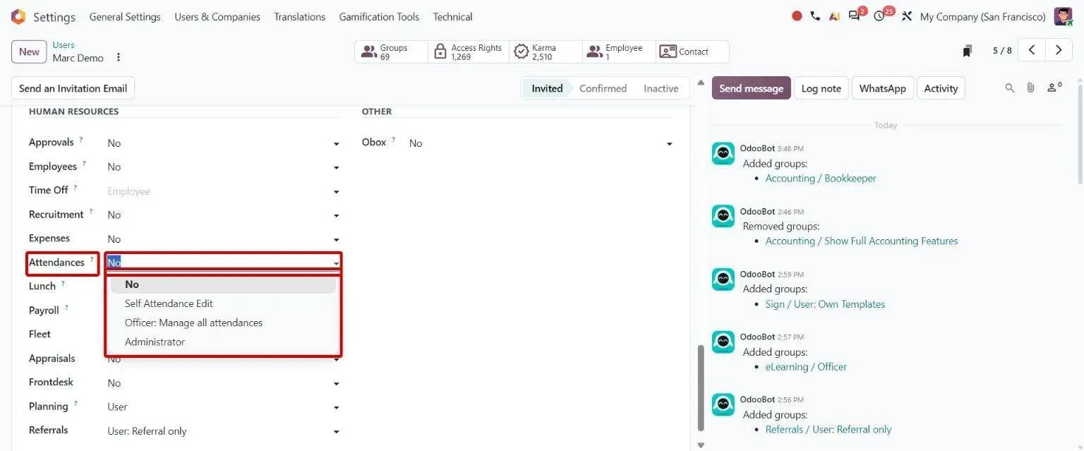 User access rights: Attendances levels No and Self Attendance Edit