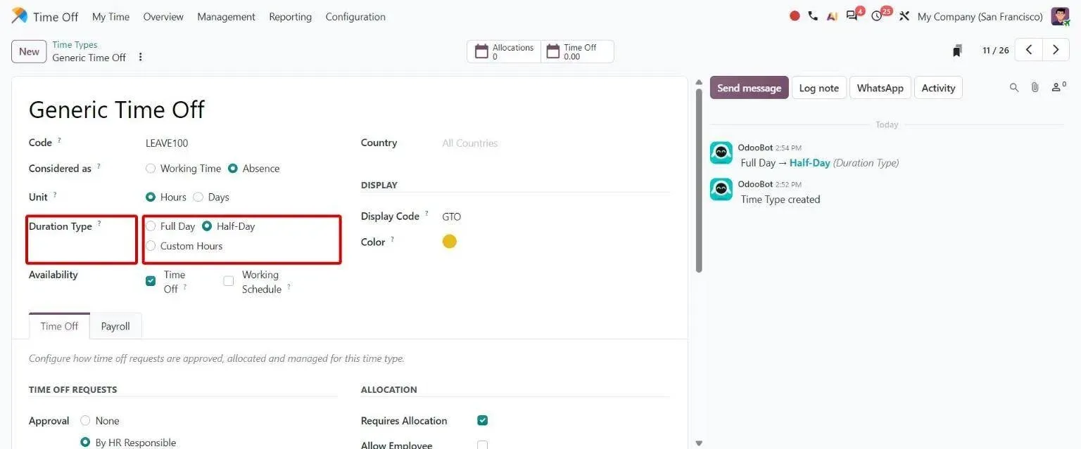 Time type form with Duration Type: Full Day, Half-Day or Custom Hours
