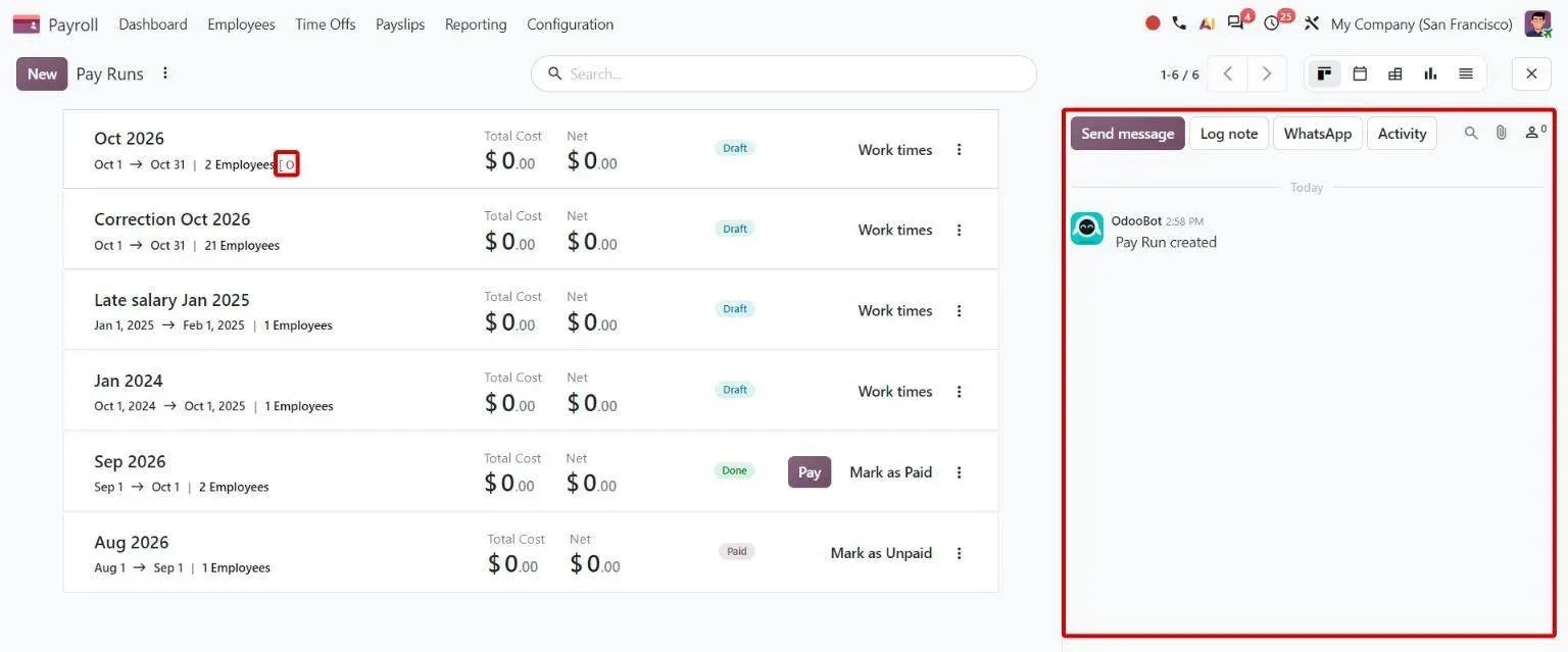 Pay Runs view with the chat icon opening the pay run chatter panel