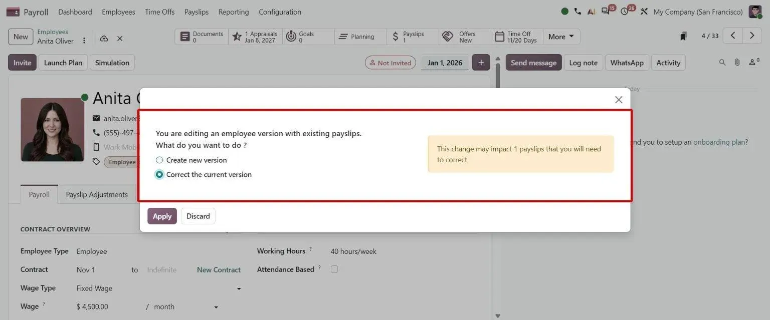 Contract date change prompt warning that 1 existing payslip must be corrected