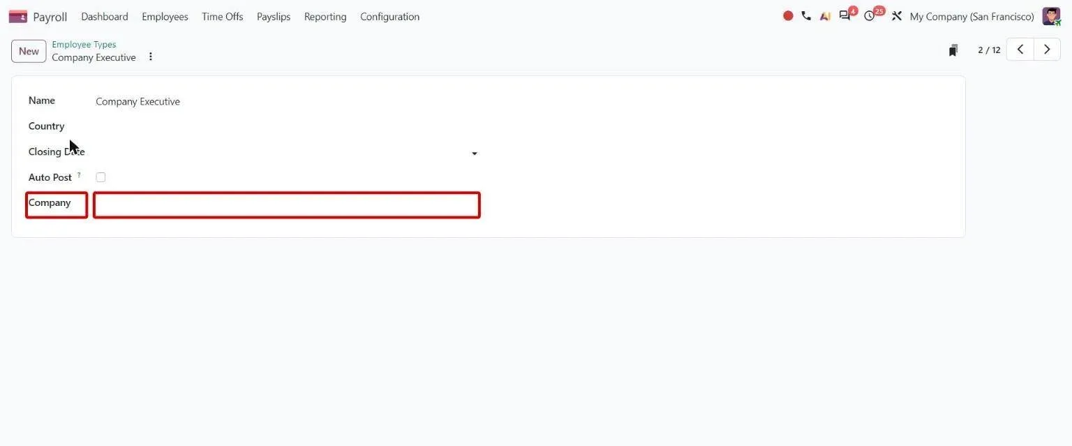 Employee type form with the optional Company field (empty means shared)
