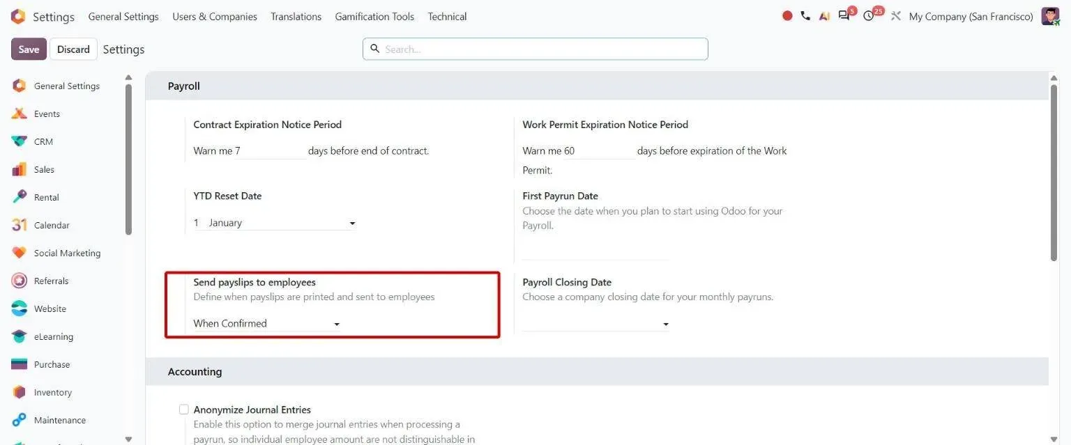 Payroll settings: Send payslips to employees (When Confirmed, When Paid, Manually)