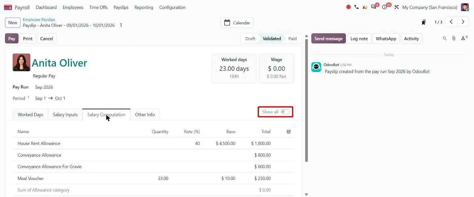 Payslip Salary Computation tab with greyed values and the Show all toggle