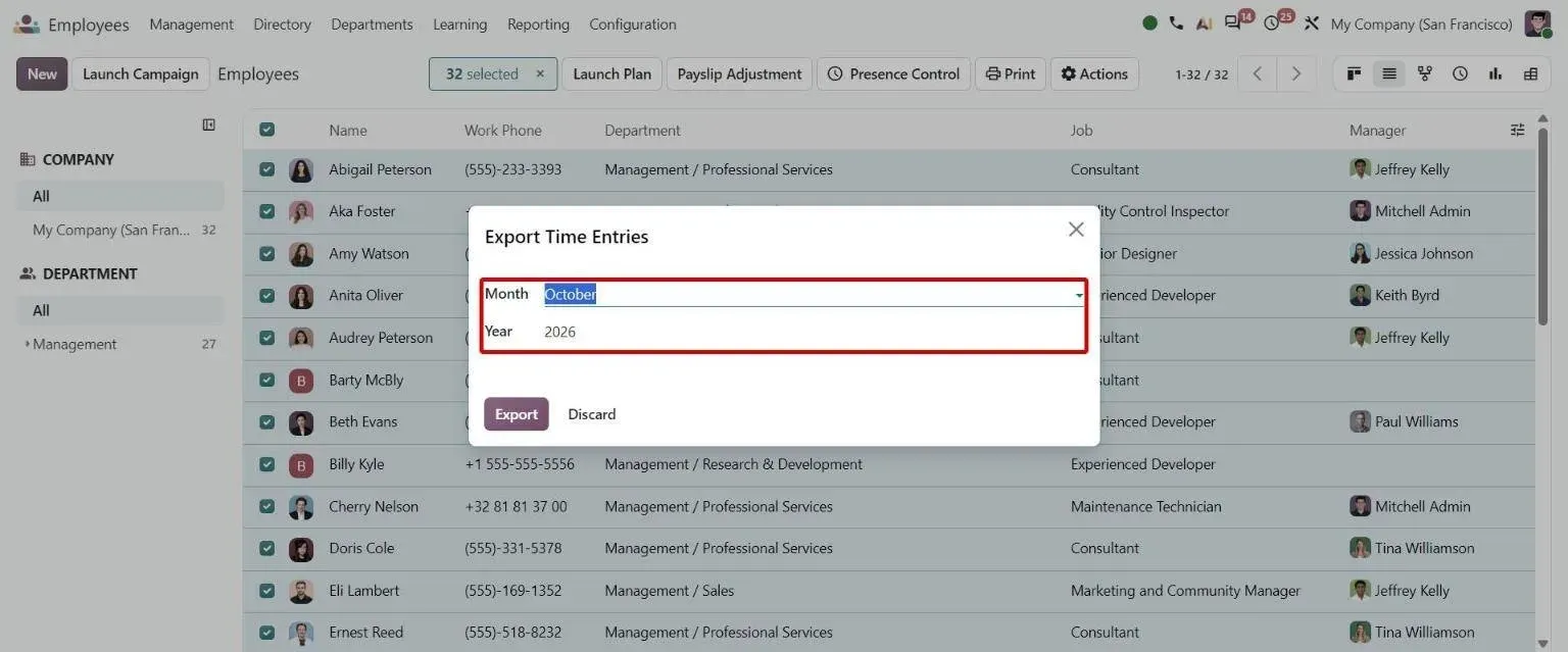 Export Time Entries wizard selecting a Month and Year for 32 employees