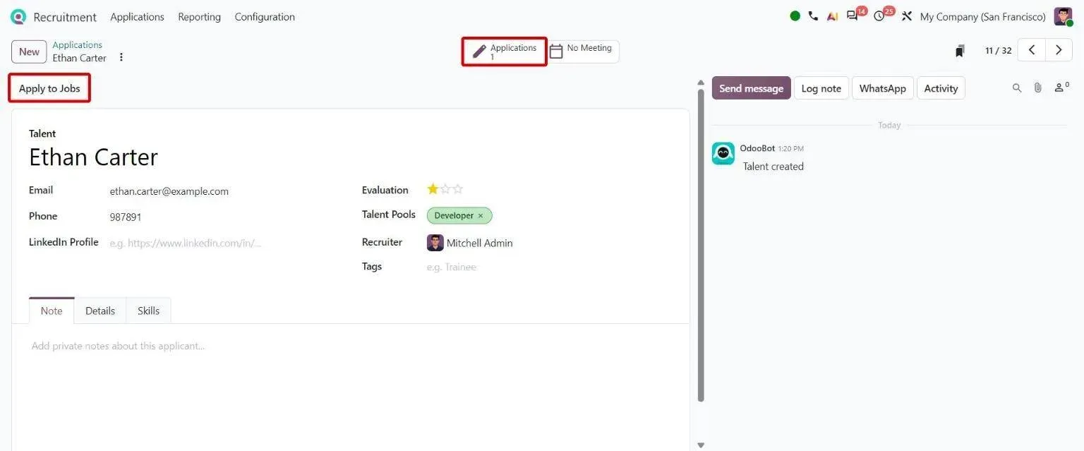 Talent record with Apply to Jobs button and linked Applications smart button