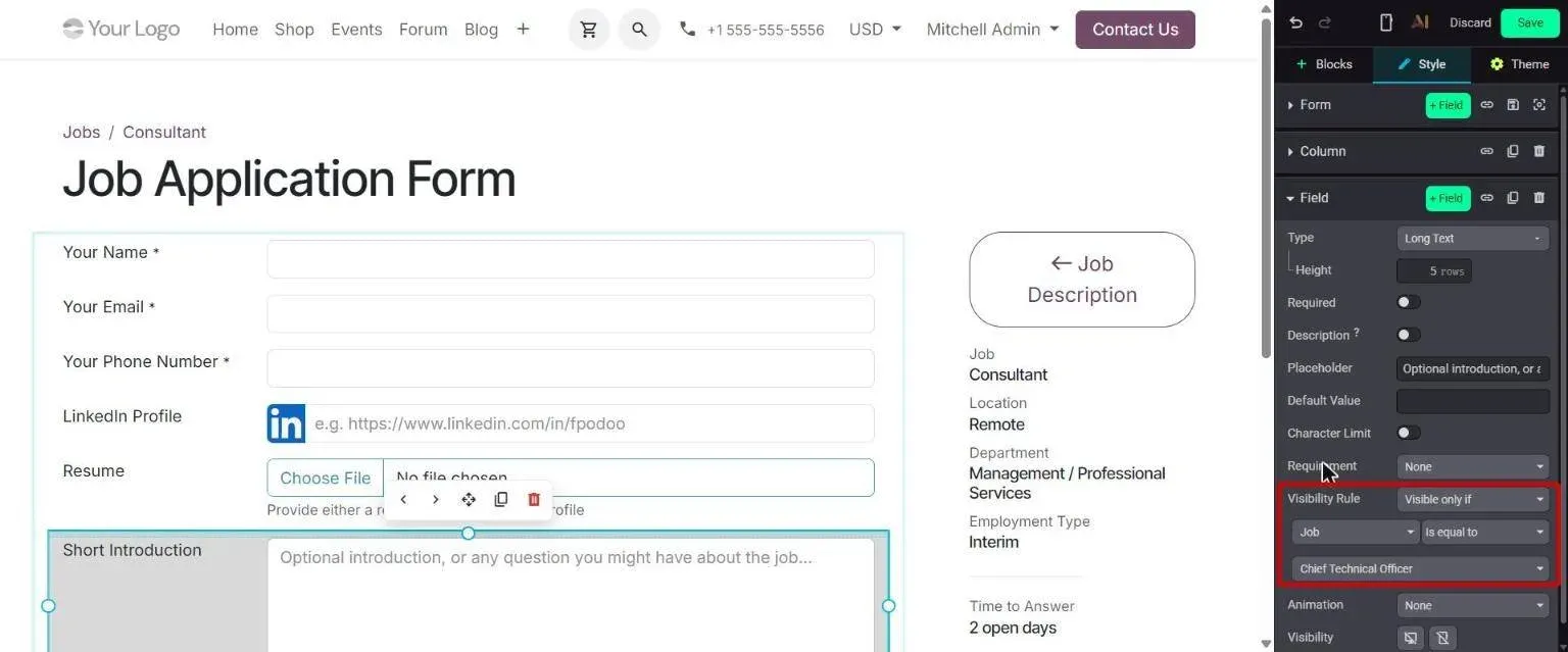 Website editor: application form field Visible only if Job is a selected position