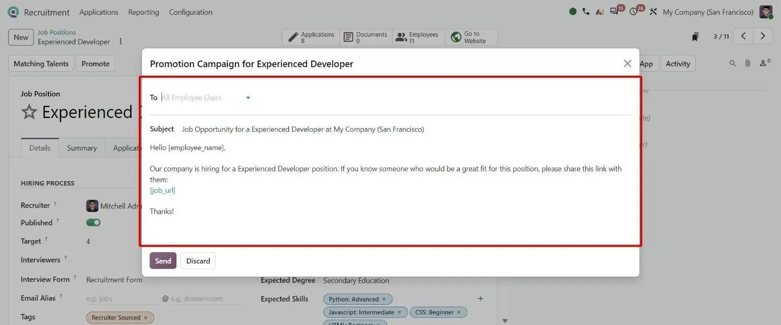 Job Promote campaign choosing employee recipients and a tracked job link