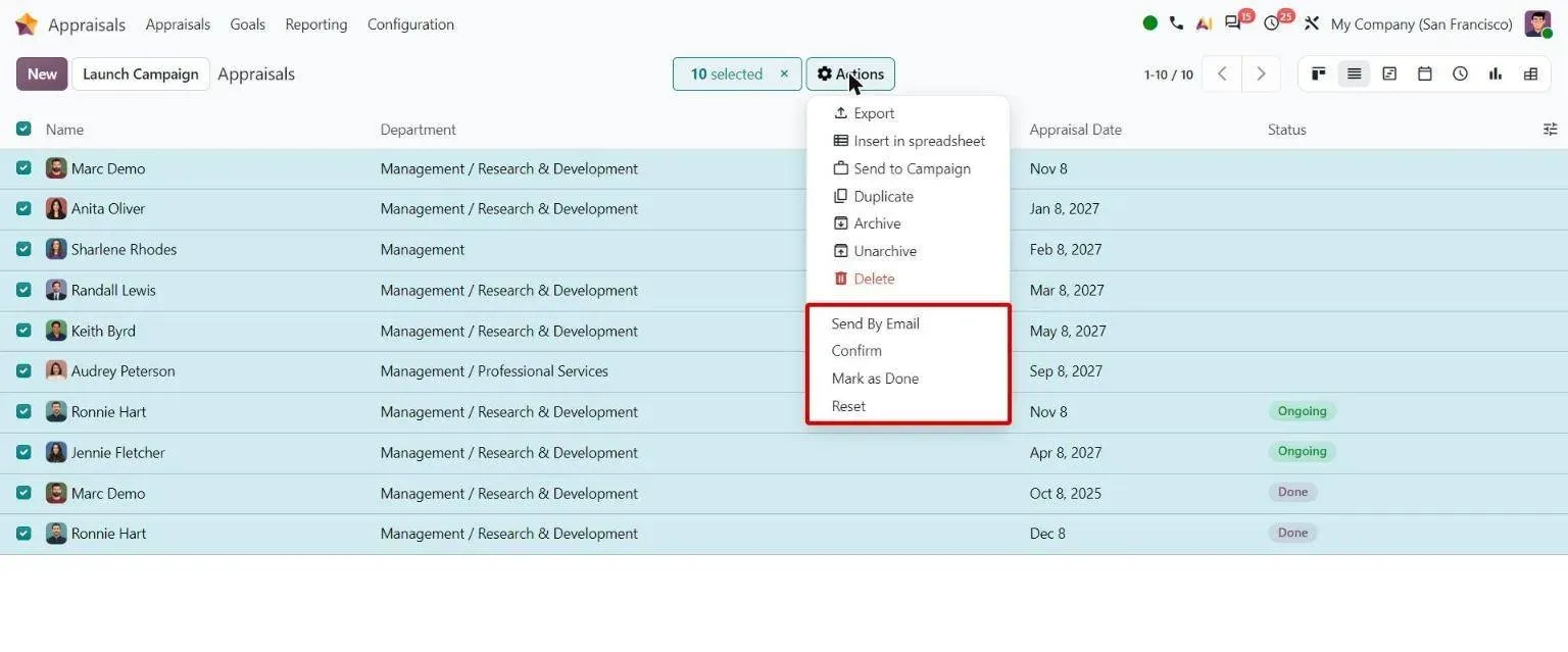 Actions menu on 10 selected appraisals: Send By Email, Confirm, Mark as Done, Reset