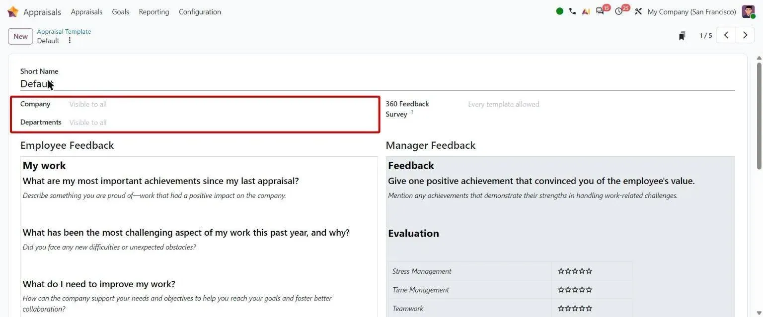 Appraisal template Departments field that links a template to departments for auto-selection
