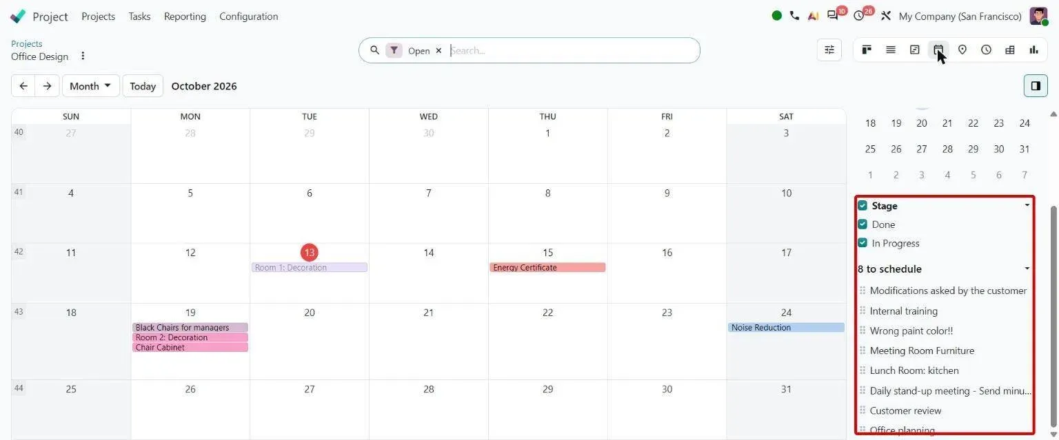 Project calendar side panel listing 8 unscheduled tasks to drag onto dates