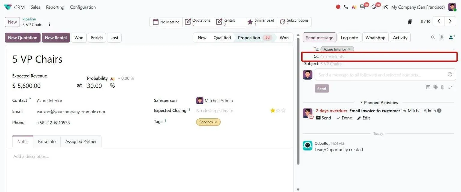 Chatter email composer with the new Cc recipients line
