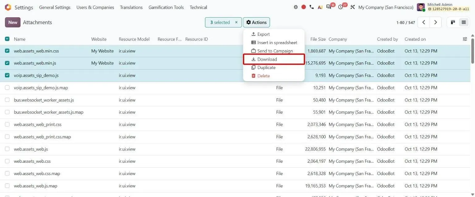 Selected attachments with the Actions > Download option for a single zip