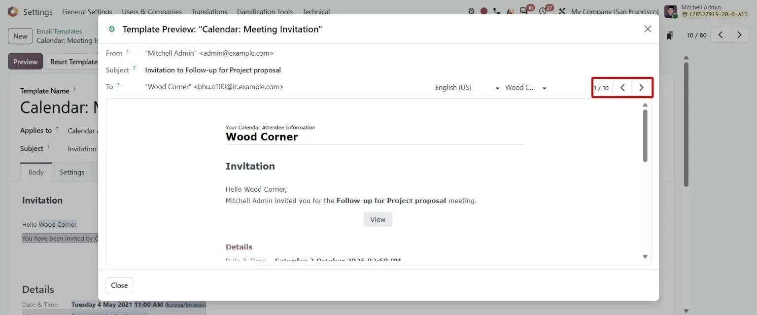 Template preview with arrows to browse sample records, plus language and record pickers
