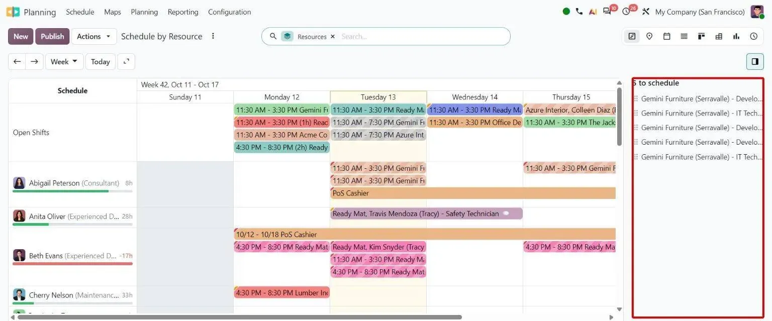 Planning Gantt with the new side panel listing shifts to schedule