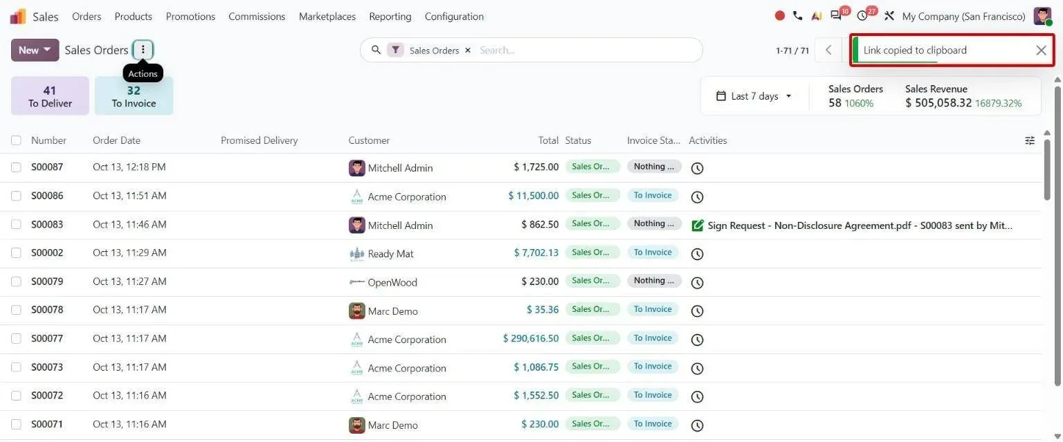 Alt+Shift+H on Sales Orders copies a link to the current view