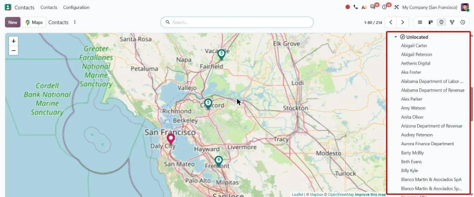 Contacts map side list with the Unlocated group of records without an address
