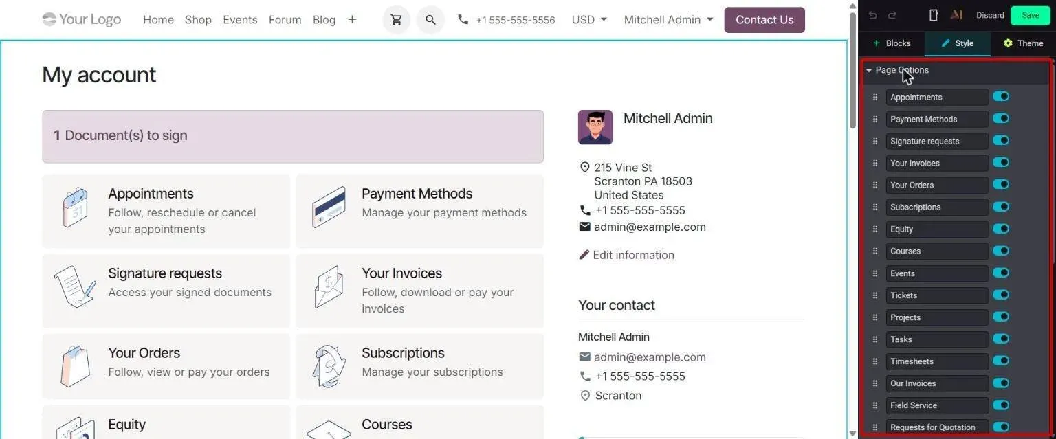 Website editor Page Options on /my to reorder (drag) or hide portal cards