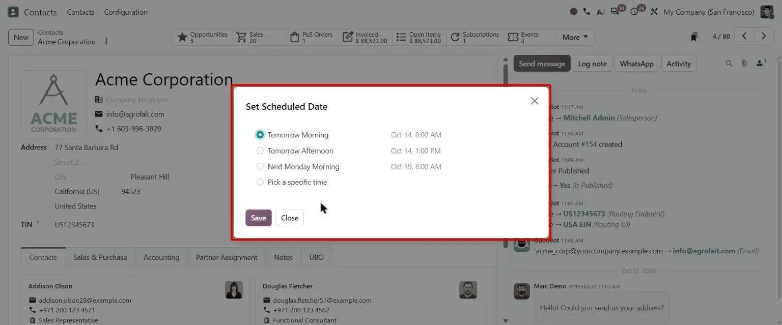 Send SMS clock button opens Set Scheduled Date to schedule the text message