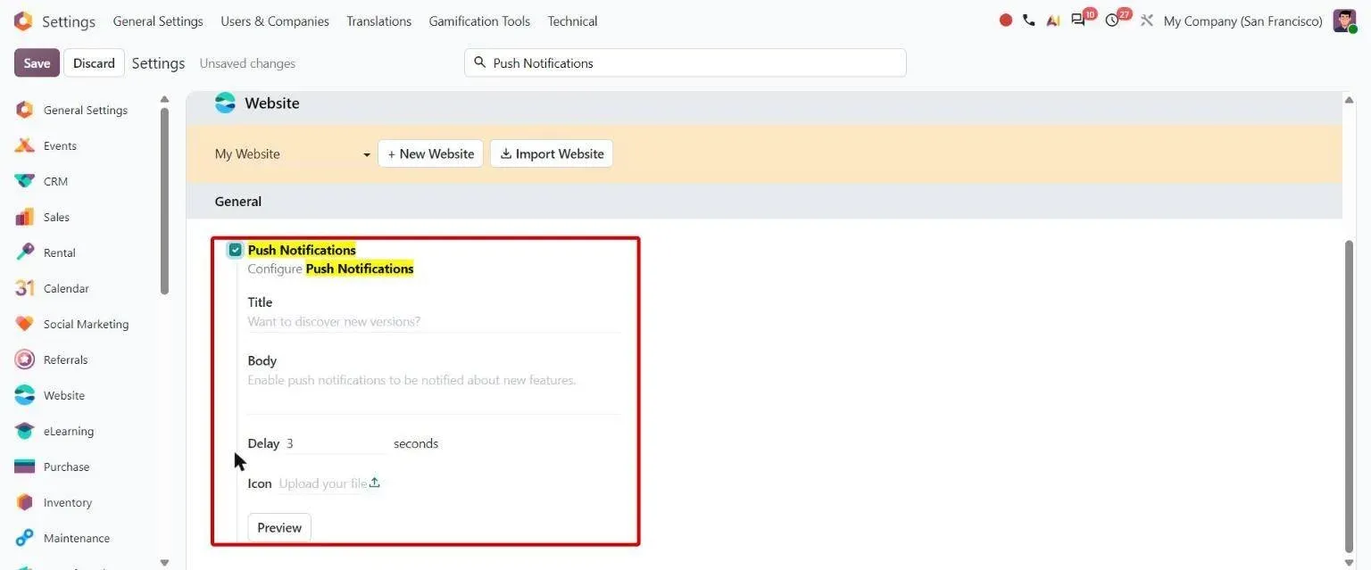 Website Push Notifications settings handled by Odoo's in-house push, no Firebase keys