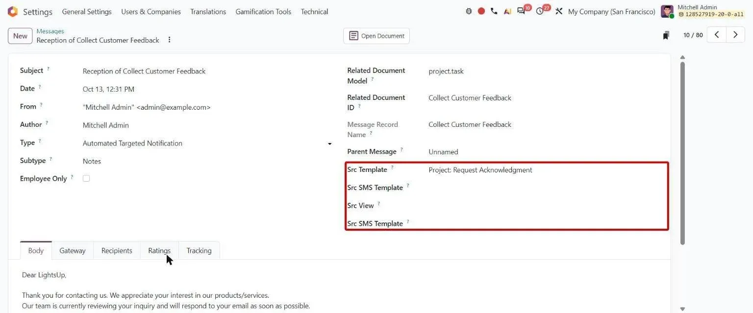 Message record showing its source: Src Template, Src SMS Template and Src View