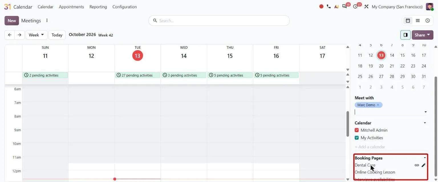 Calendar side panel Booking Pages section with copy-link and edit actions