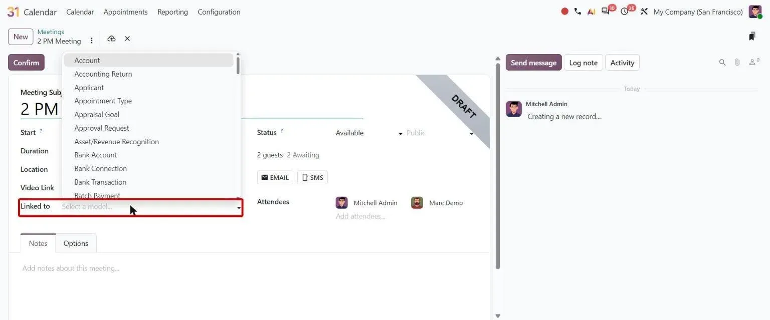 Event form Linked to field listing Odoo models to attach the meeting to