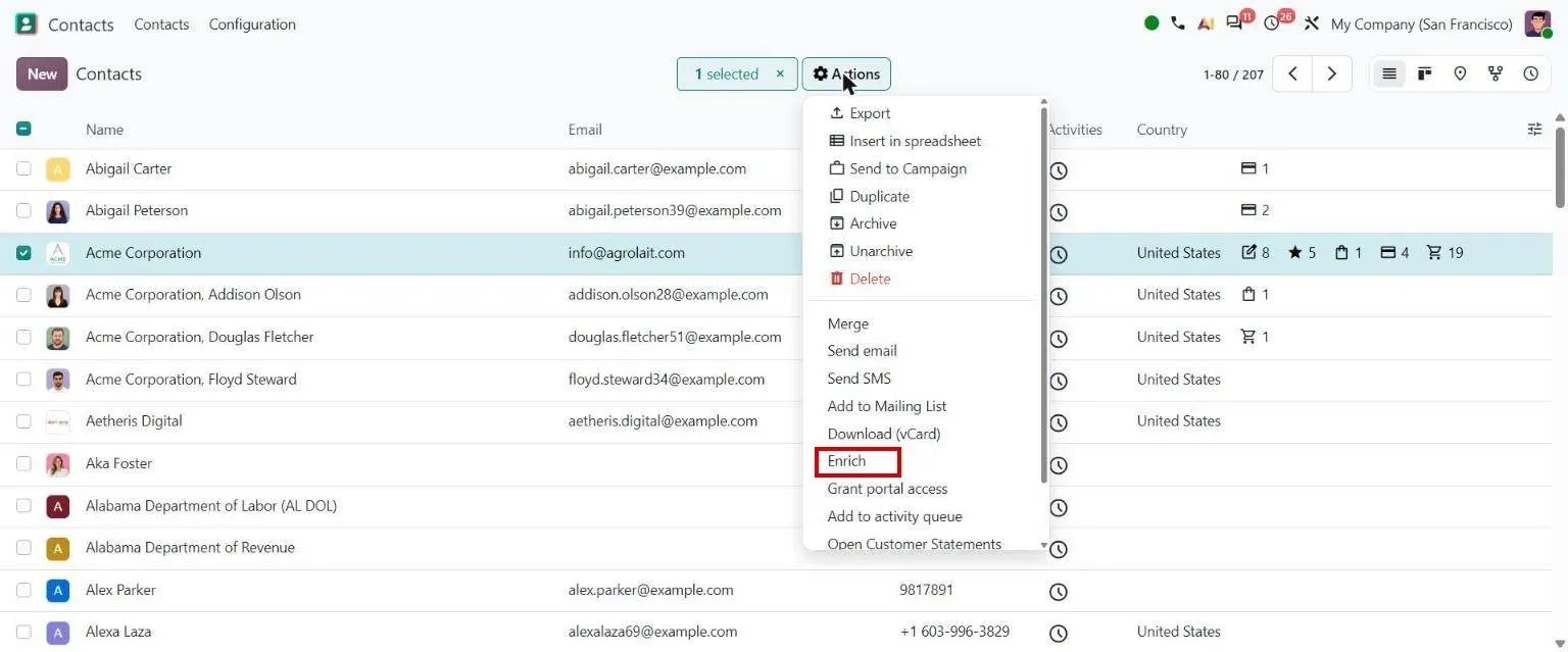 Contacts list: Enrich action