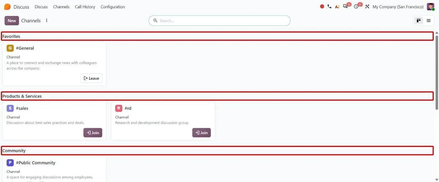 Channels list organized by category: Favorites, Products & Services, Community