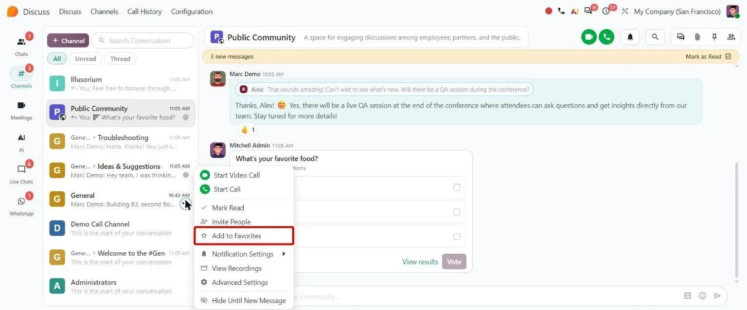 Channel actions menu with the new Add to Favorites option