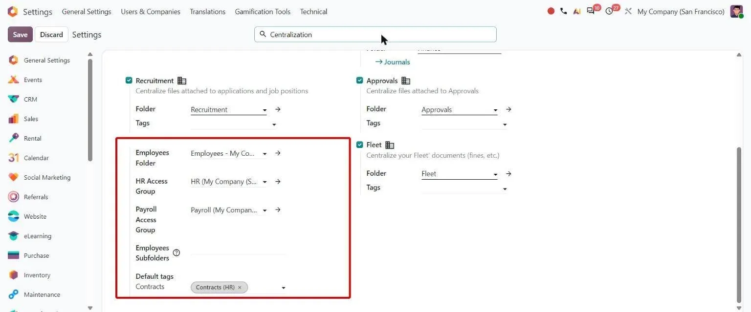 Files Centralization employee options: Employees folder, HR and Payroll access groups, subfolders