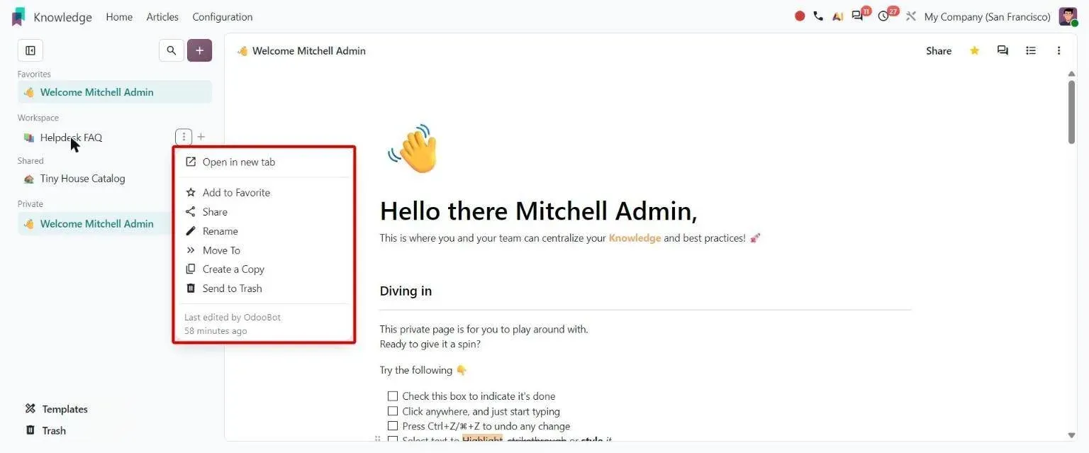 Right-click quick menu on a sidebar article with Share, Rename, Move To and more